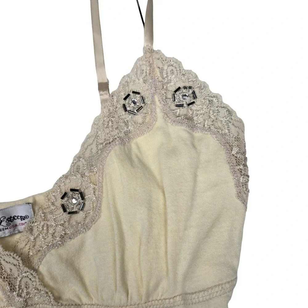Self Esteem Vintage Y2K Camisole Top Butter Yellow Lace Trim Beaded Tank Top